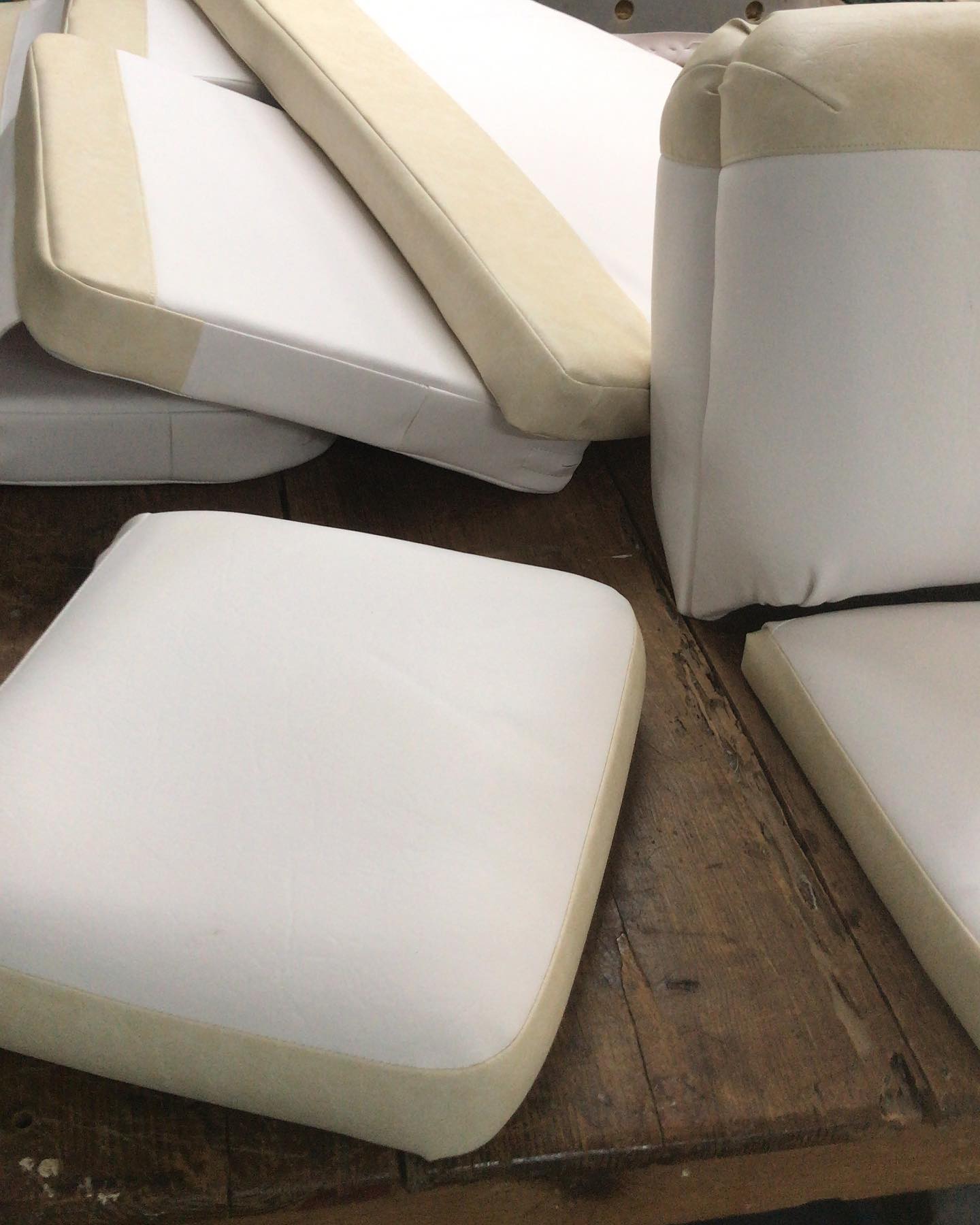 Newly covered foam cushions on the bench inside the Hinds Upholstery workshop in Saint James, Barbados